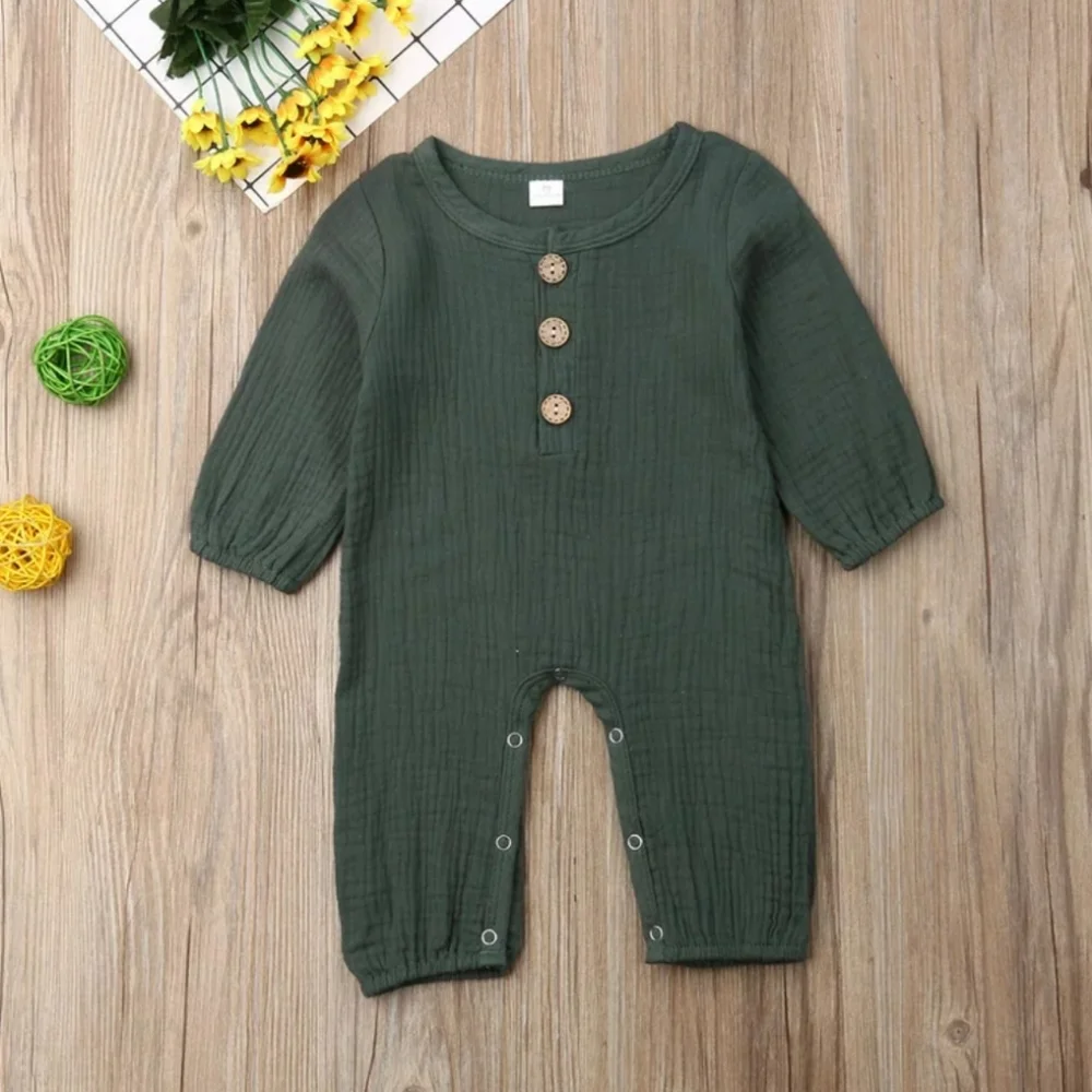 Baby Boy Girl Muslin Cotton Romper Jumpsuit Long Sleeve Hunter Green Boho Outfit